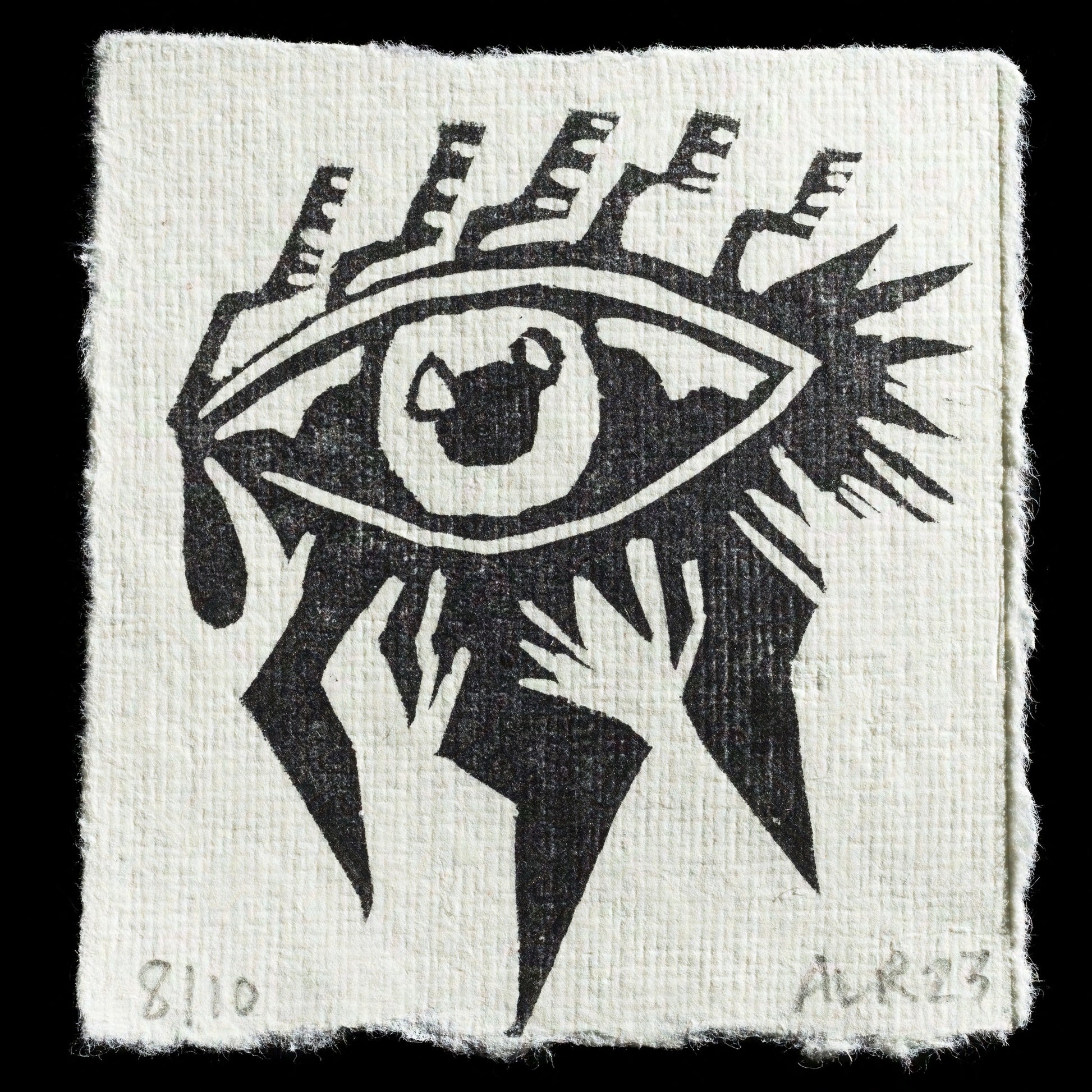 The image features a linocut print titled "Eye of Storm" by Andrea Richichi, showcasing a stylized eye motif in black on an off-white background.