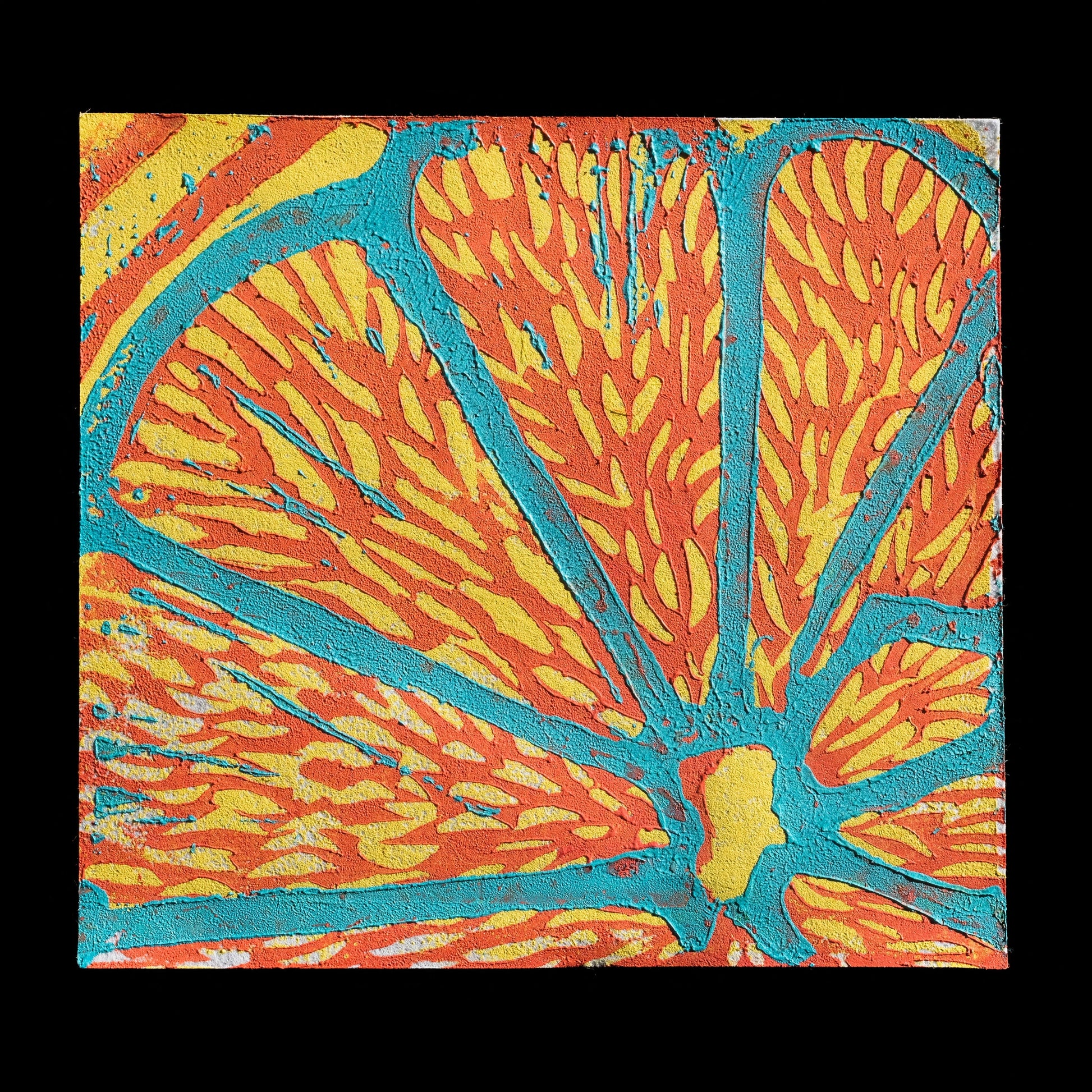 This print, titled "The Juice" by Elspeth, features a vibrant and stylized depiction of citrus fruits in a bold color palette. The linocut technique is evident in the textured, layered appearance of the fruit's segments, which are rendered in bright orange and yellow hues with blue outlines. The overall effect is one of playful simplicity, evoking the freshness and vitality of the subject matter.