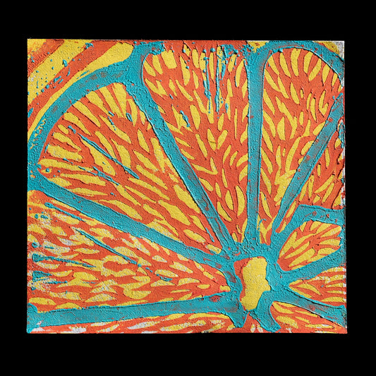 This print, titled "The Juice" by Elspeth, features a vibrant and stylized depiction of citrus fruits in a bold color palette. The linocut technique is evident in the textured, layered appearance of the fruit's segments, which are rendered in bright orange and yellow hues with blue outlines. The overall effect is one of playful simplicity, evoking the freshness and vitality of the subject matter.