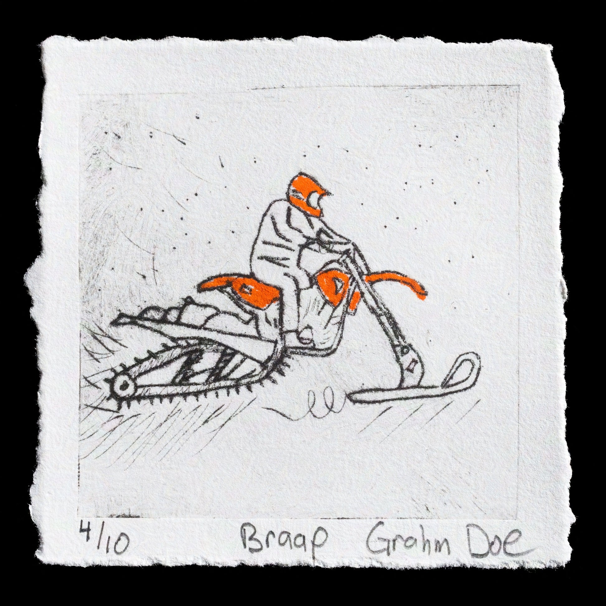 This etching depicts a snowmobiler in mid-air, capturing dynamic movement and motion.

**Key Features:**

* Vibrant orange helmet and gear
* Black and white background with subtle texture
* Intaglio technique used to create deep contrast and depth

The print showcases the artist's skillful use of color and composition to convey energy and dynamism.