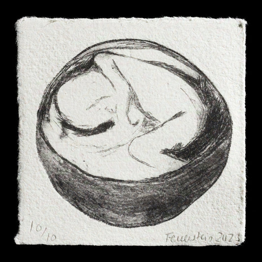 This artwork, "Entity" by Hannah Feuerstein, is a captivating piece that showcases her skillful use of intaglio and drypoint techniques. The print features a harmonious blend of black and white hues, with soft brushstrokes creating a sense of depth and texture on the paper surface.
