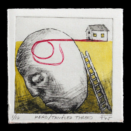 The artwork 'Head/Tangled Thread' by Fran Wall is a captivating piece created using drypoint technique. The print features a distinctive design with visible thread details in red, set against a yellow background. This unique piece showcases Wall's skillful use of color and texture to create a visually striking image.