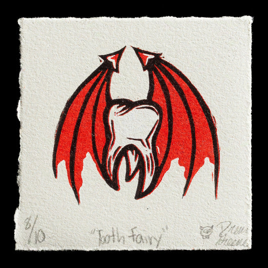 Here is a concise and SEO-friendly description of the print:

This relief print by Drew Greene features a striking design titled 'Tooth Fairy'.