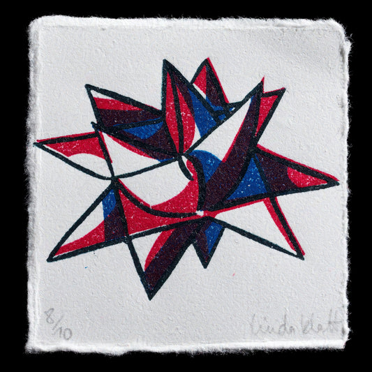 The artwork "Fold" by Linda Klatt is a captivating linocut print that showcases intricate geometric shapes in a harmonious blend of red, blue, black, and white hues. The symmetrical composition features interlocking stars with pointed tips, creating a sense of balance and visual interest. This piece exemplifies the artist's skillful use of linocut technique to produce a stunning and detailed design.
