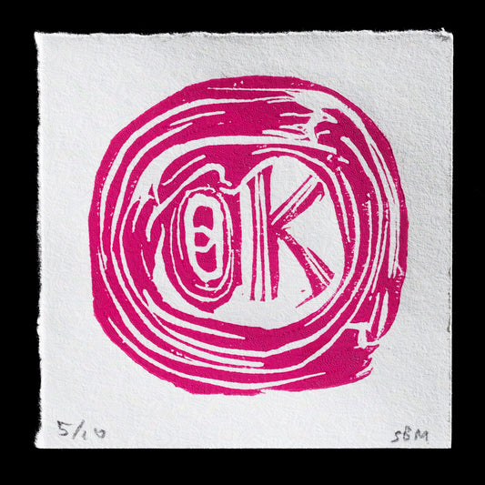 Here is a rewritten caption that meets the requirements:

**Print Title:** "The Red Thread"
**Artist:** Sandra Berg Mozard
**Technique:** Linocut

This linocut print features a red thread as its central motif, presented in a bold and vibrant color scheme on a white background. The print's composition is simple yet effective, allowing the viewer to focus on the intricate details of the red thread.