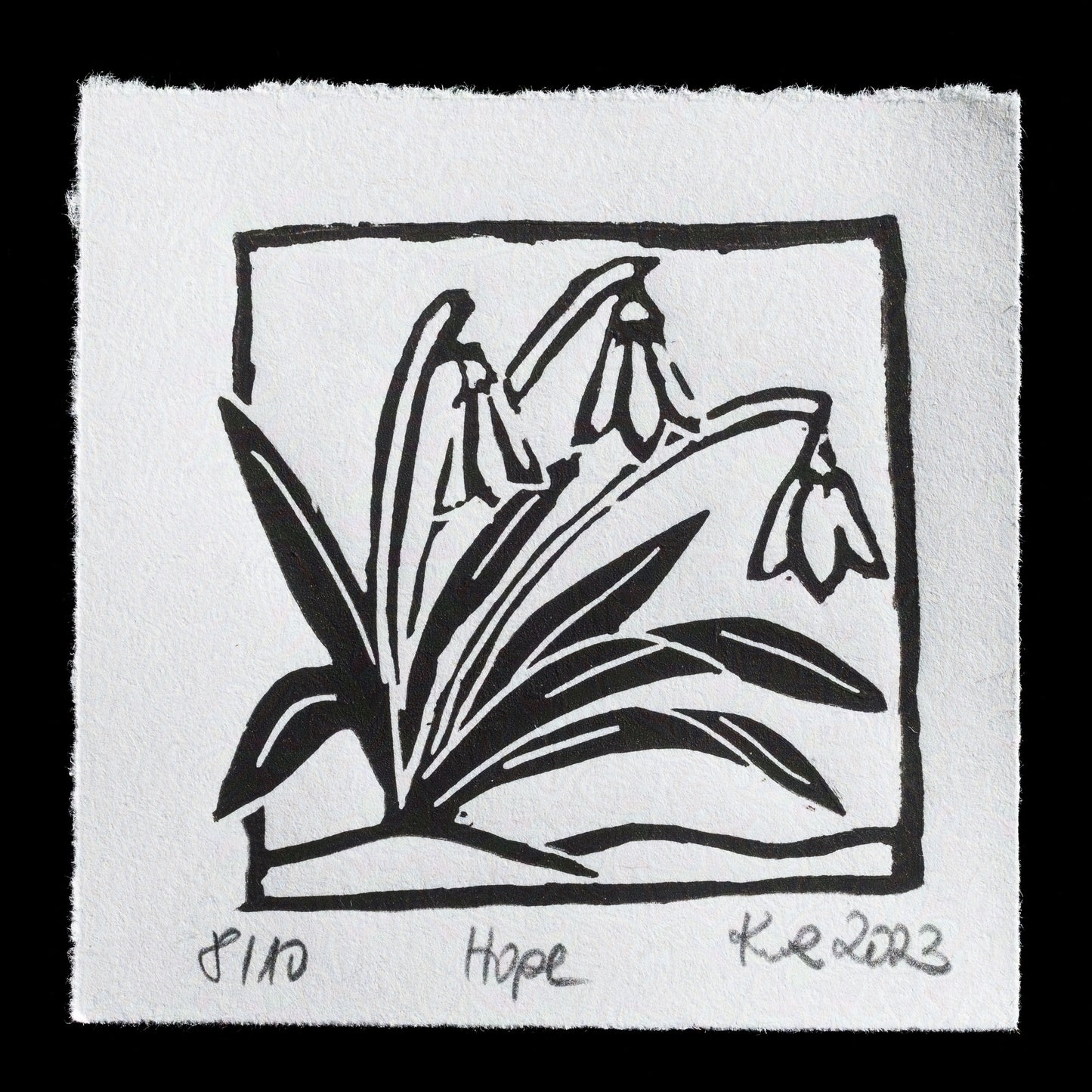 This captivating linocut print, "Hope" by kwr_handmade, showcases a delicate arrangement of three bell-shaped flowers with long stems, their petals elegantly curled inwards, set against a backdrop of lush green leaves and grasses. The artist's bold use of black ink creates striking contrast on the white background, evoking a sense of simplicity and serenity.
