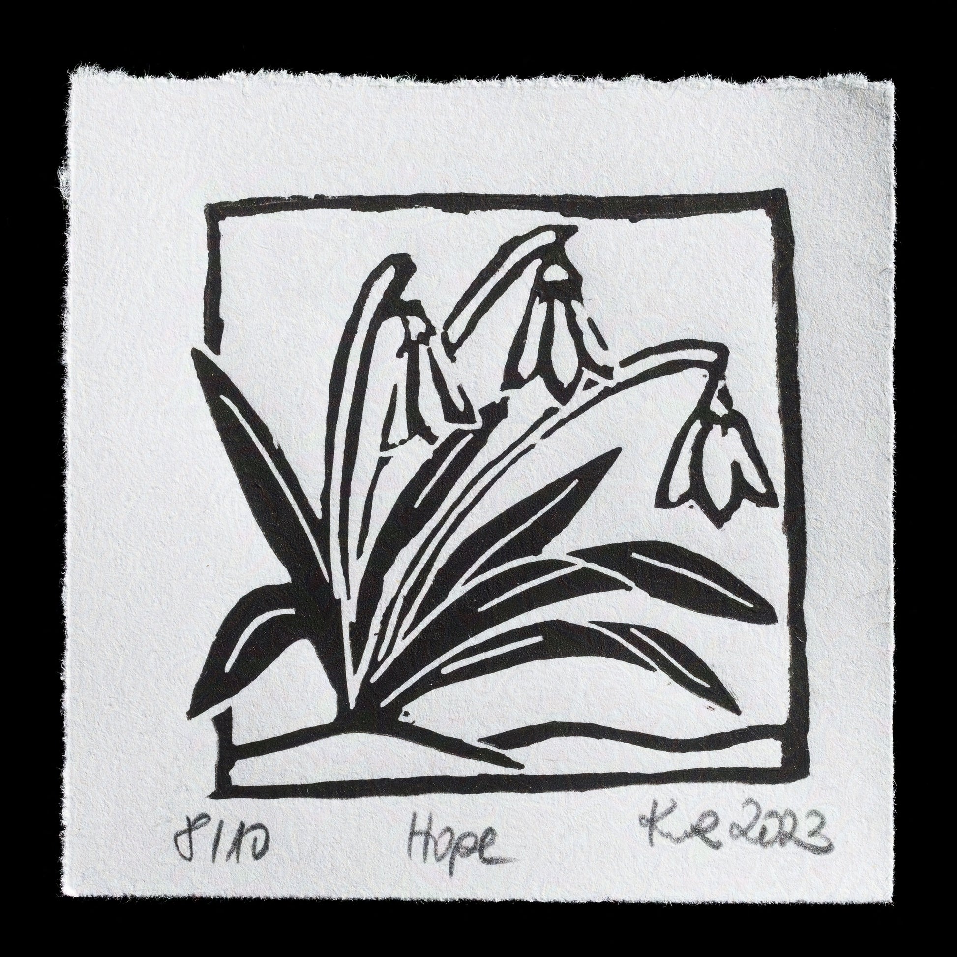 This captivating linocut print, "Hope" by kwr_handmade, showcases a delicate arrangement of three bell-shaped flowers with long stems, their petals elegantly curled inwards, set against a backdrop of lush green leaves and grasses. The artist's bold use of black ink creates striking contrast on the white background, evoking a sense of simplicity and serenity.