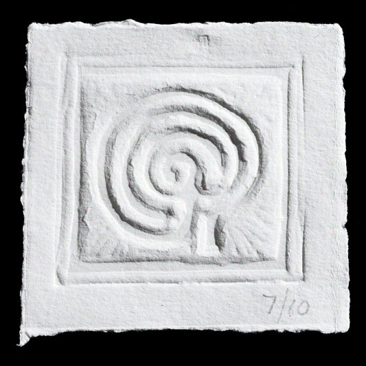 This is a print titled 'Thought' by Naomi de la Tour, created using linocut and blind embossing techniques. The print features an intricate design with a central spiral motif surrounded by geometric shapes, all rendered in white on a light gray background.