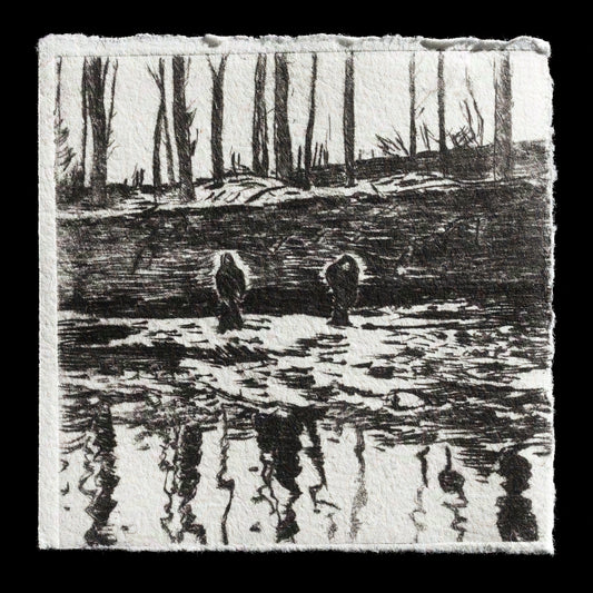 The artwork "Nach dem Hochwasser/After the flood" by J�rgen Stra� is a poignant intaglio and drypoint print that captures a moment in time after a devastating flood. The somber palette, dominated by shades of blue and gray, evokes a sense of desolation and loss. The artist's use of dark tones creates a haunting atmosphere, inviting viewers to reflect on the impact of natural disasters on human lives.