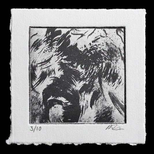 This photograph captures a black-and-white etching titled "Tide II", crafted by Rosie Zielinski.

The artwork features abstracted shapes reminiscent of waves, rendered in deep black ink on an off-white paper with deckled edges. The artist's signature and print number are discreetly placed at the bottom right and left corners of the piece.