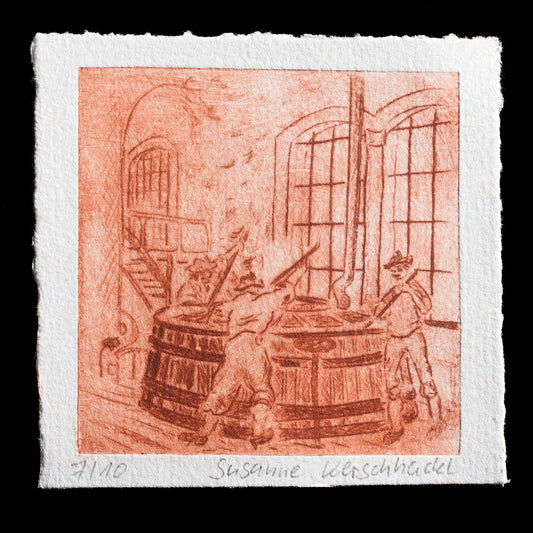 This etching by Susanne Kerschhackl presents a captivating scene of brewers at work. Against a muted background, two men toil in the foreground, their figures rendered with skilled detail. The artist's use of somber tones and deliberate composition invites contemplation on labor and industry.