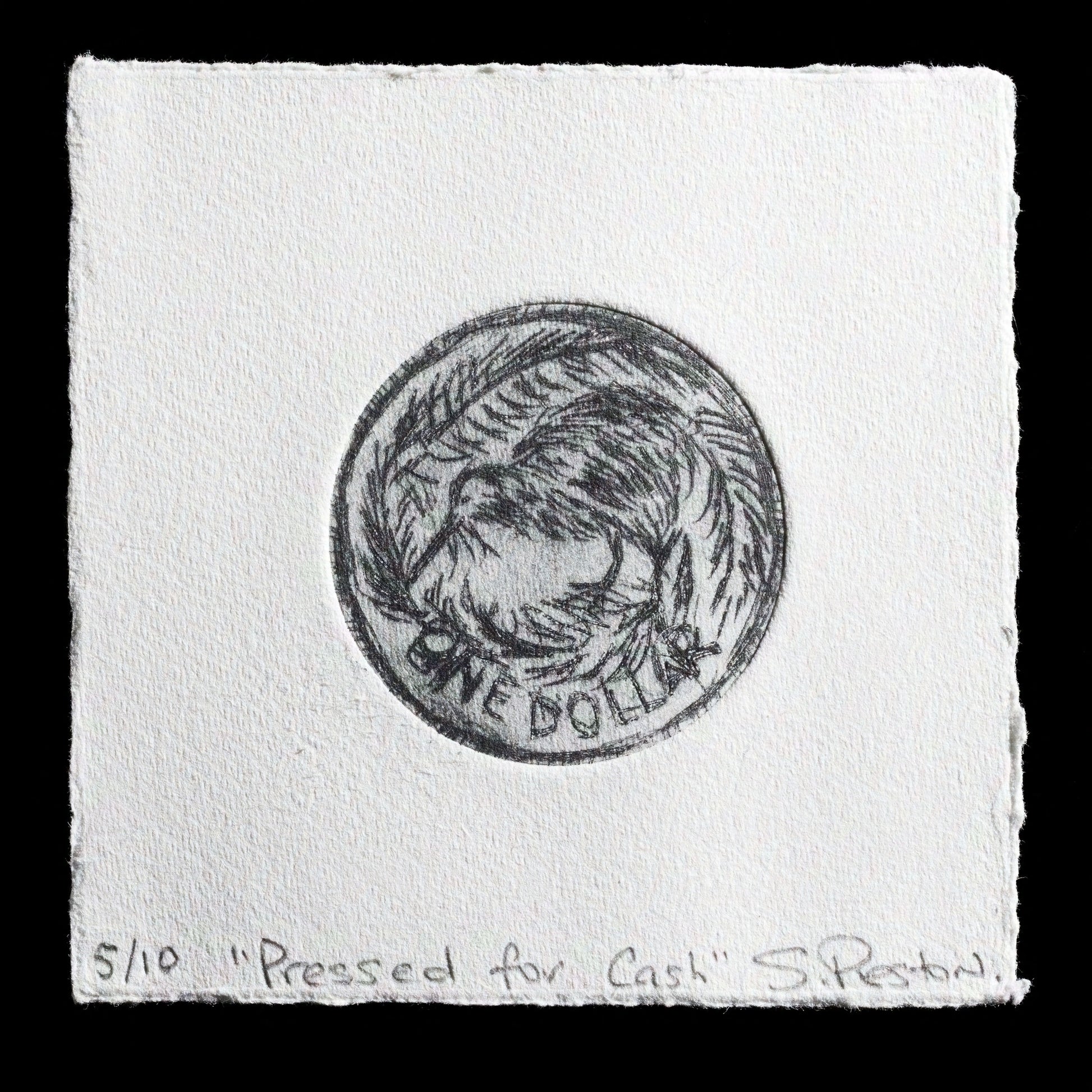 The image features a monochrome print titled "Pressed for Cash" by Sue Preston, showcasing an intaglio technique with engraving and drypoint methods. The print is characterized by its simple black color scheme and subtle shading, depicting a coin with a bird design at its center. At the bottom of the print, the artist's name and title are inscribed in handwritten text.