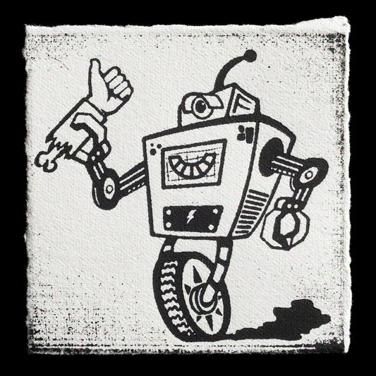 Here is a rewritten SEO description that meets the requirements:

**"Happy Little Killbot" by Blake Hopkins**

This print showcases a stylized robot with a cheerful expression, created using relief printing techniques such as woodcut and laser cutting. The artwork features bold black lines on a white background, resulting in a striking visual effect.