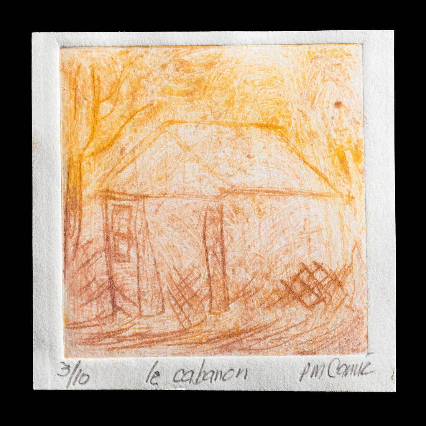 The print "Le cabanon" by Paul-Marc Camic is a captivating piece that showcases the artist's mastery of drypoint technique. Executed in warm tones of brown and yellow, this artwork presents a serene scene of a small cabin nestled in nature, inviting viewers to reflect on the beauty of simplicity.