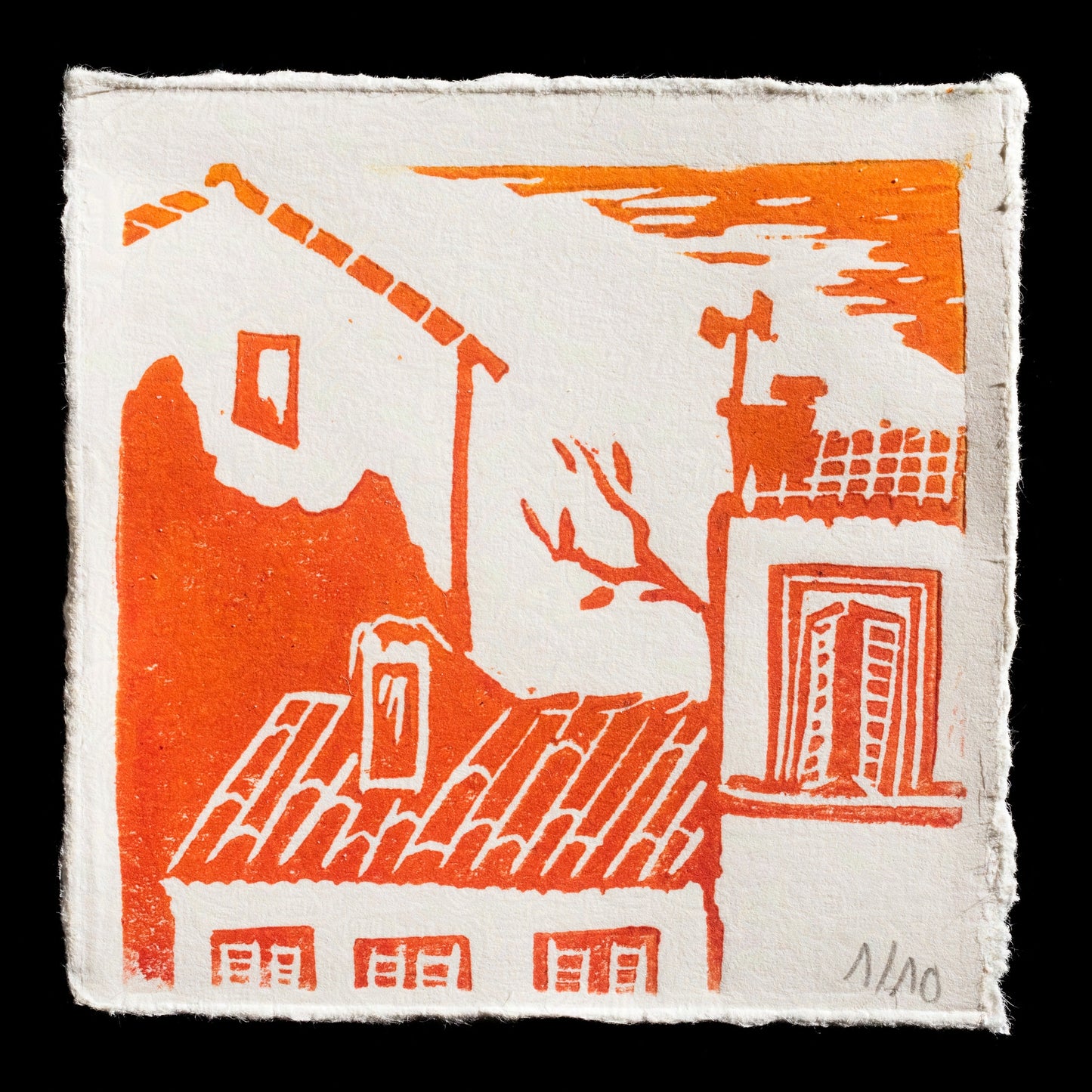 This linocut by Julie Alet depicts a serene scene in Marseille, characterized by muted tones of red, yellow, blue, green, and purple, evoking a sense of calmness and tranquility.