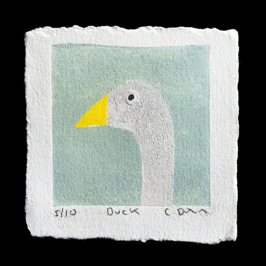 This linocut print by Christopher Hicklin features a duck's head against a mint green background, with subtle texture achieved through the use of thick paint for the bird's neck and thin layers for the beak and feathers. The artist has carefully selected colors that harmonize with one another, resulting in an aesthetically pleasing piece.