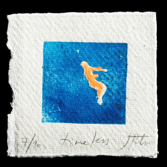 This print, "Timeless" by Juliane Petri, is a relief print characterized by its striking blue background and an abstract human figure in orange hues. The artist's unique use of color creates a captivating visual effect that invites contemplation.