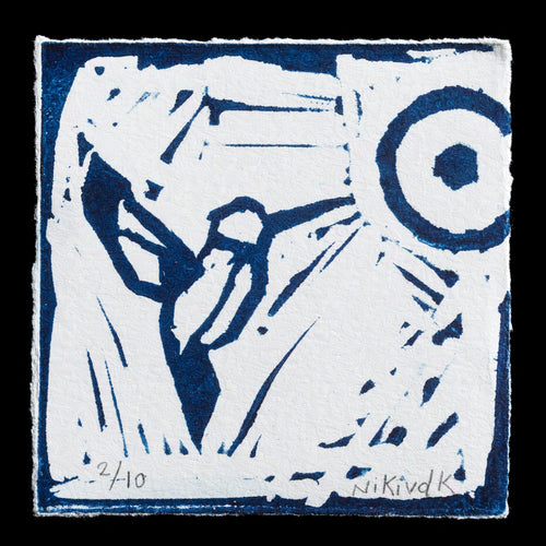 This linocut monoprint by Nicole van den Kroonenberg features an extraordinary hummingbird in shades of blue, white, and gray against a black background, showcasing the artist's skillful use of color and technique.