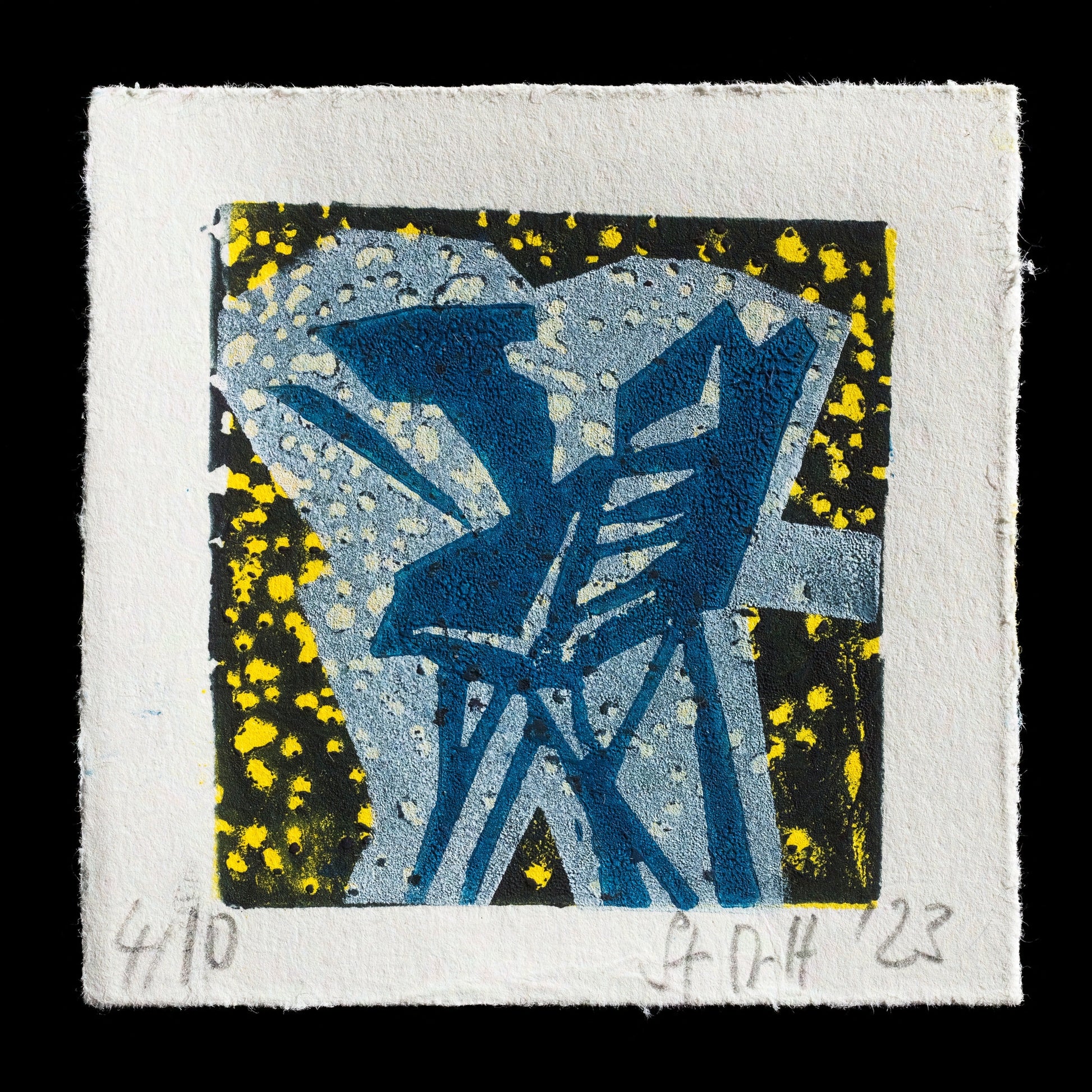 The artwork is a mixed-media piece titled "Untitled" by Stanislaus M�ller-H�rlin. It features a striking blue abstract design against a black background with yellow accents. The print showcases a unique blend of techniques, resulting in a visually captivating composition.