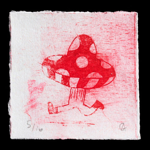 This monochromatic print features a whimsical illustration of a boy with a mushroom for a head, rendered in deep red ink on white paper. Set against a black background, the image showcases the artist's imaginative take on childhood innocence. The bold color choice and intricate details make this piece a standout example of contemporary art.