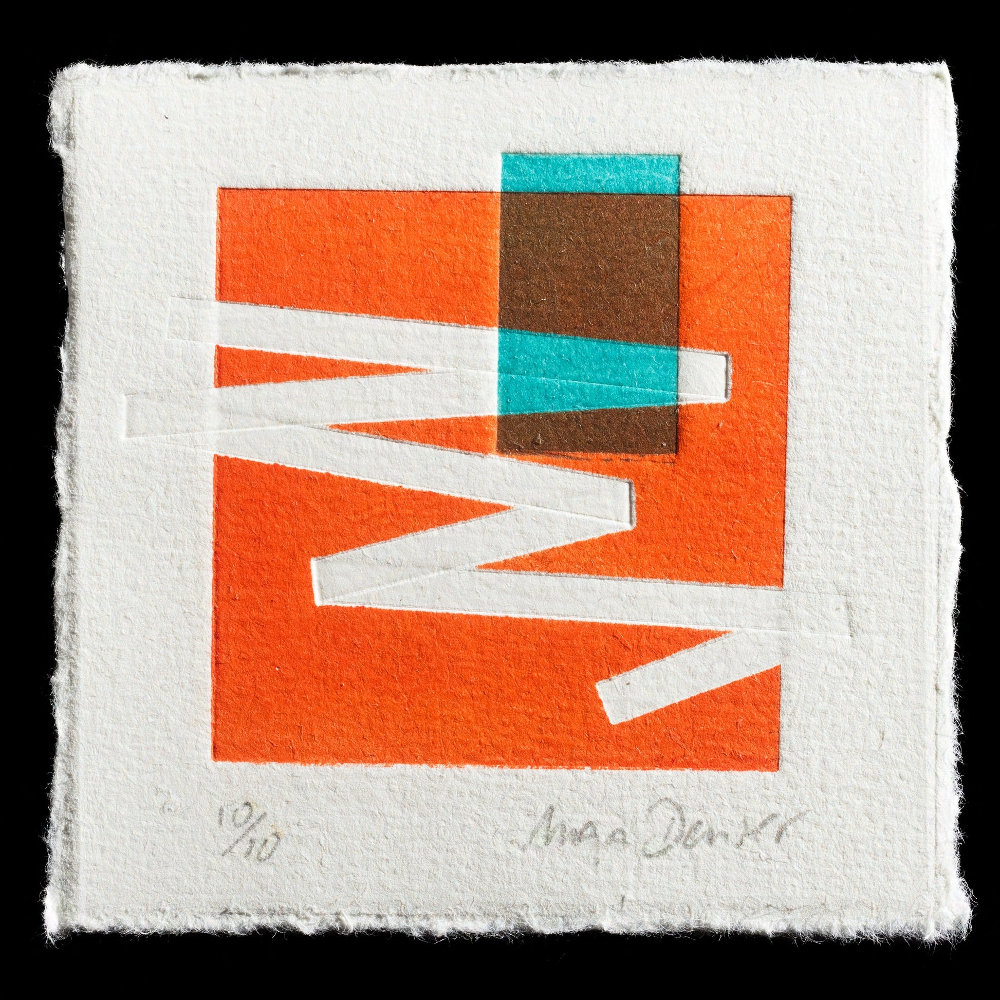 The 'Zigzag' print by Maja Denzer is a captivating piece that showcases the artist's unique approach to relief printing using TetraPak techniques. The artwork features a striking combination of orange, brown, teal, and white hues, with zigzag lines creating a dynamic visual effect.