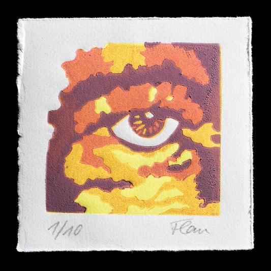 This captivating linocut print, "See You", is a thought-provoking piece by Karin Flau. Against a rich plum background, a striking white eye takes center stage, surrounded by vibrant orange and yellow hues that evoke a sense of warmth and energy. The bold color palette adds depth and visual interest to the overall composition.