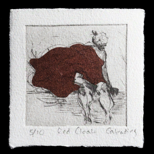 This captivating etching, "Red Cloak" by Danny Cabading, showcases a masterful blend of intaglio, drypoint, and chine-coll� techniques. The artwork features a striking red cloak draped over a figure in dark attire, set against a muted gray background. The interplay of light and shadow creates a sense of depth, while the subtle texture from the etching process adds tactile interest to the piece.