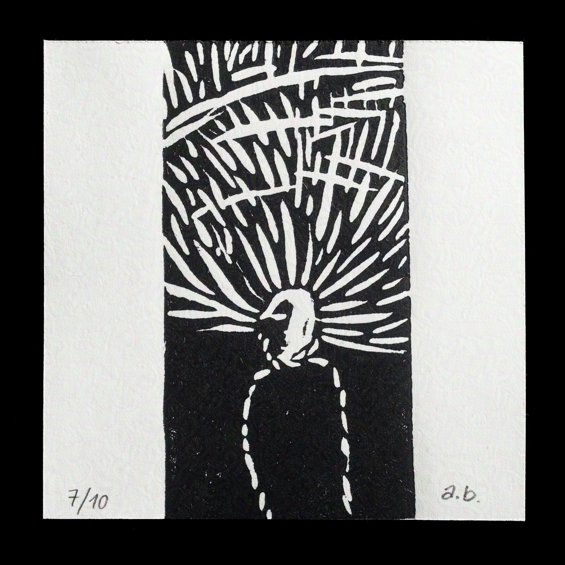 The image features a striking linocut print titled "Wounded Mind" by Alisz B�n�. This monochromatic artwork showcases a bird's head with its beak to the ground, surrounded by an abstract pattern that evokes a sense of turmoil and unease. The dark background and muted color palette contribute to the overall somber mood of the piece.