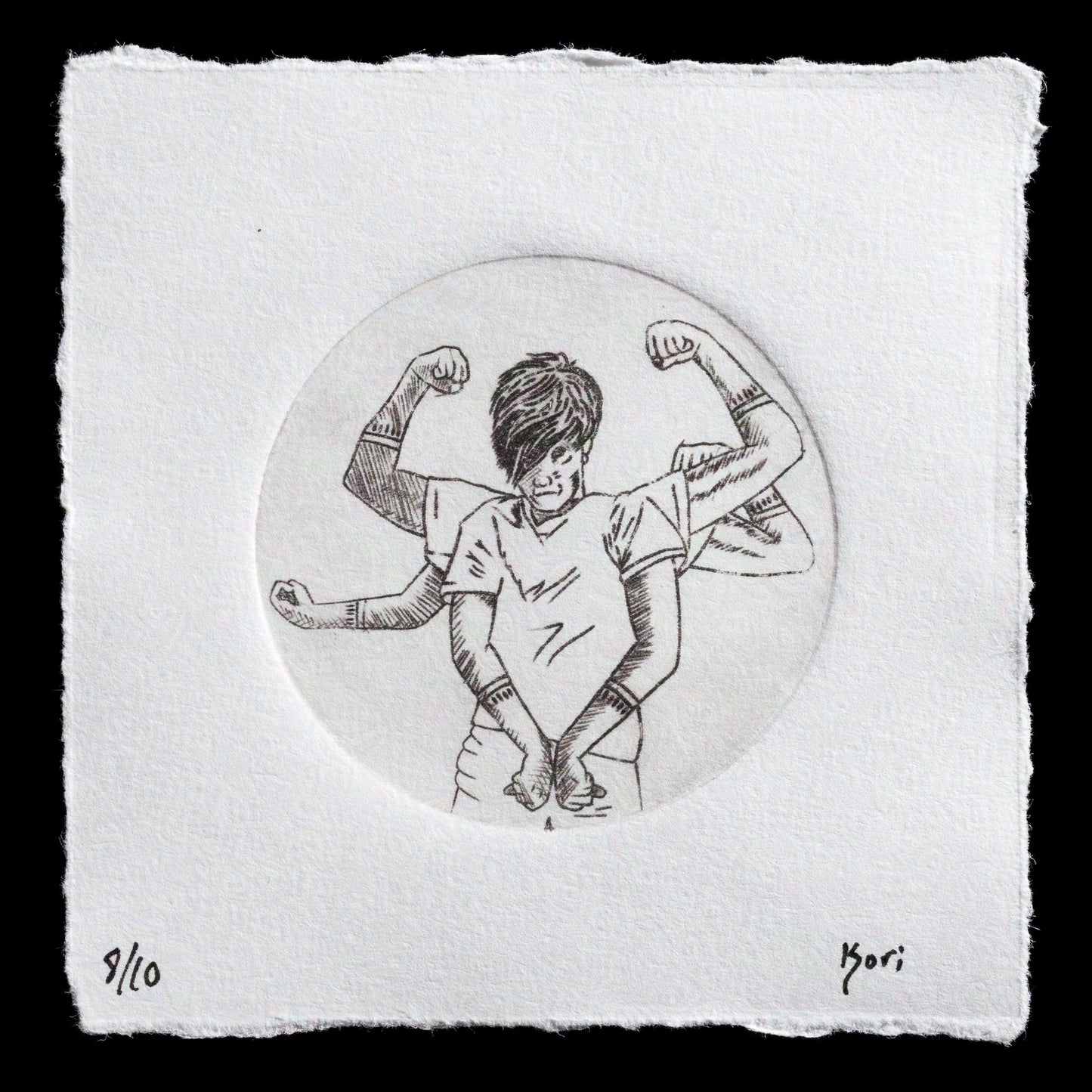 This black-and-white etching showcases a young boy striking a pose, showcasing his muscles.

**Key Features:**

* A circular frame surrounds the boy's image
* The artist's name "Kori Monthey" is discreetly signed in the bottom right corner
* The print features visible texture and rough edges