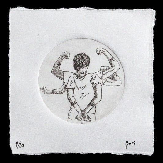 This black-and-white etching showcases a young boy striking a pose, showcasing his muscles.

**Key Features:**

* A circular frame surrounds the boy's image
* The artist's name "Kori Monthey" is discreetly signed in the bottom right corner
* The print features visible texture and rough edges