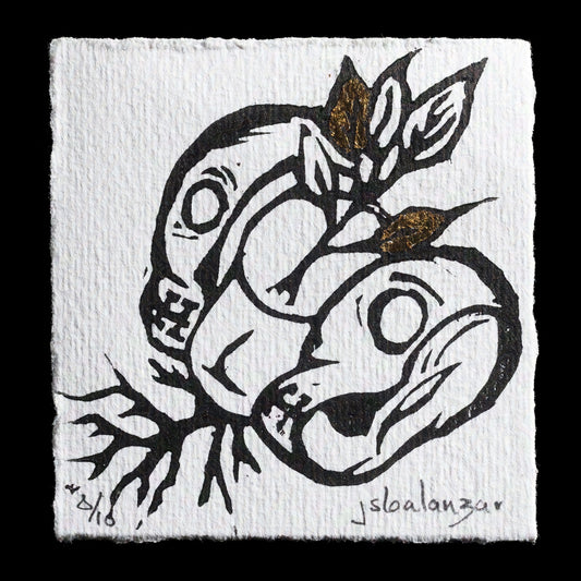 This print, "Semilla" by jsbalanzar, is a linocut featuring two stylized fish intertwined with leaves. The monochromatic color scheme consists of black lines and gold accents.