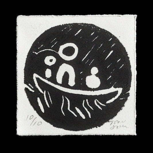 This linocut print, titled "Three Men in a Tub" by Tony J Jackson, features three men in a tub against a dark gray background with white highlights. The men's bodies are depicted in an abstract style, with minimal facial details and no discernible expressions. The overall composition is simple yet evocative, inviting the viewer to interpret the scene.