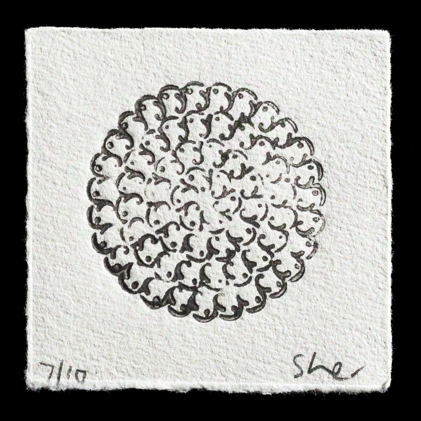 This print, titled "Mandala" by Sherrill Harvey, is a monotype artwork featuring a circular design with intricate patterns and lines in shades of gray against a white background. The subtle color palette and detailed composition showcase the artist's skillful use of monotype techniques.