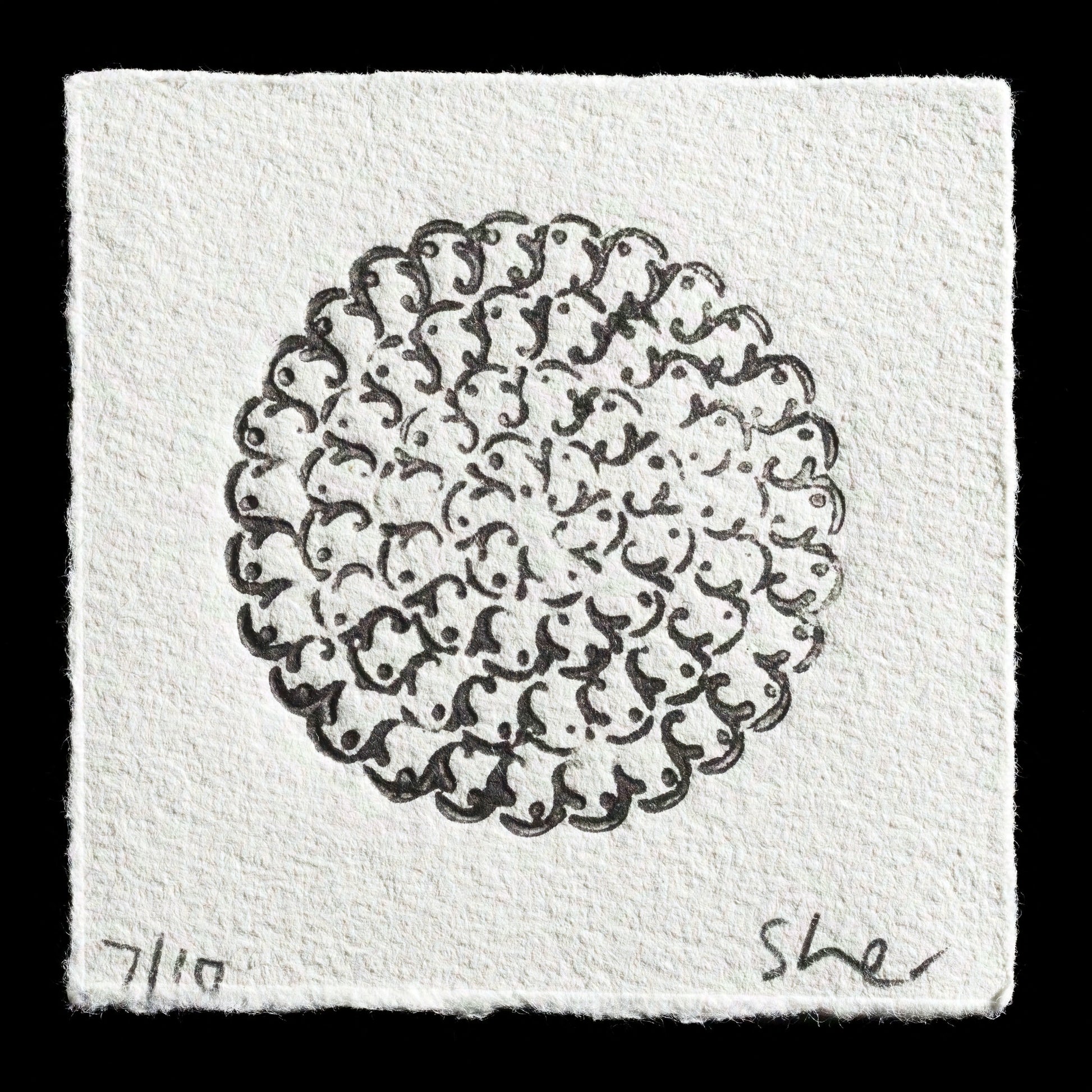 This print, titled "Mandala" by Sherrill Harvey, is a monotype artwork featuring a circular design with intricate patterns and lines in shades of gray against a white background. The subtle color palette and detailed composition showcase the artist's skillful use of monotype techniques.