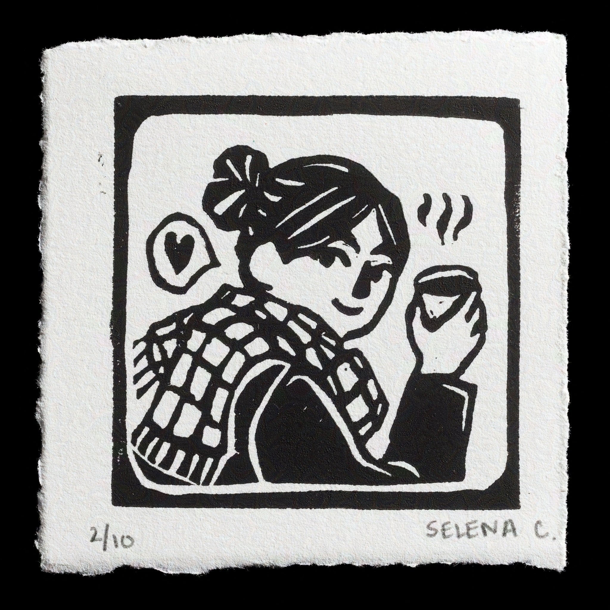 This captivating print, 'Winter 23,' showcases Selena Contreras' skillful use of linocut techniques.

Key Features:

� A woman is depicted holding a steaming mug
� Her attire includes a plaid shirt and bun hairstyle
� The background features a light gray tone, while the woman's clothing is rendered in dark gray