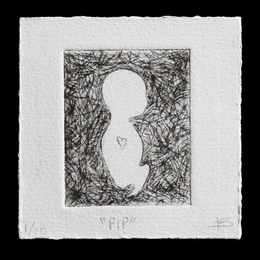 This print, "Pip" by Kate Berry, employs engraving and drypoint techniques to create a detailed image.

**Visible Content:**

* A figure with an elongated body and head
* Heart-shaped design on the body's front
* Surrounding border of scribbled lines
* Small heart symbol in the center

**Color Palette:**
The print features only black ink.