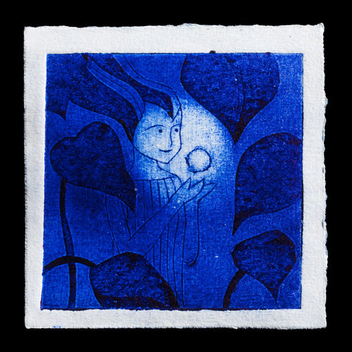 This captivating print, 'I Bring You Light,' is a masterpiece by Printmaking Kitchen, utilizing the intricate technique of collagraphy. Created in shades of blue and white, it features an abstracted figure holding a glowing orb amidst lush foliage, evoking a sense of mystique and wonder. The artist's use of contrasting colors creates a dynamic visual effect, inviting the viewer to explore the print's depth and meaning.