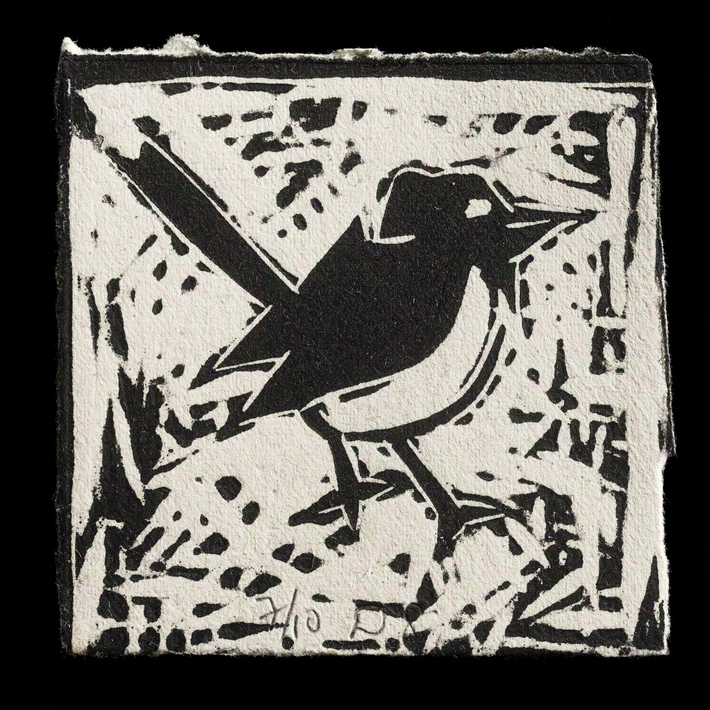 The image features a black-and-white linocut print titled 'Rocking' Robin by Denise CS Griffith, showcasing a stylized bird in flight set against a square background with bold lines and shapes. The print is signed in the bottom left corner and numbered 7/10 at the bottom right.