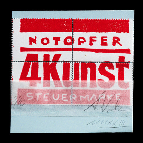 This relief print, titled 'Notopfer 4 Kunst Steuermarke' by A.Vietz, features a bold red design with white text that reads 'NOTOPFER 4KUNST STEUERMARKF'. The print showcases the artist's use of vibrant colors and clear typography.