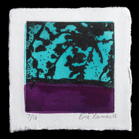 This artwork, "Through the Leaves," is a captivating etching by Brie Barnacle, showcasing her expertise in intaglio techniques. The composition features a lush arrangement of leaves set against a rich purple background, with the artist's signature subtly integrated into the design. The vibrant colors and intricate details bring depth and texture to this visually striking piece.