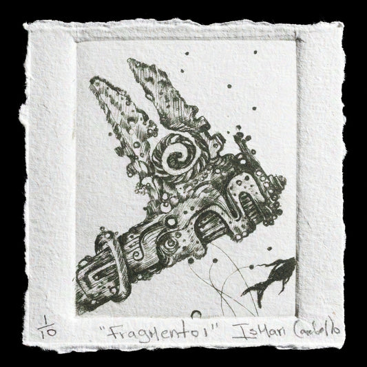 This print is titled "Fragmento 1" by Ismari Caraballo Milanes. Created using the technique of drypoint, it showcases a black-and-white artwork featuring an abstract composition with intricate details, surrounded by torn edges and a rough texture, set against a solid black background. The artist's signature is visible at the bottom right corner.