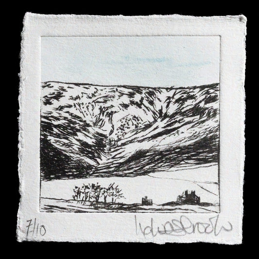 Here is the rewritten SEO description:

"Finzean Winter", a captivating print by Margaux Lashbrook, expertly combines intaglio, drypoint, and carborundum techniques to create a serene winter landscape. This limited edition piece showcases a tranquil scene with muted tones and subtle textures.