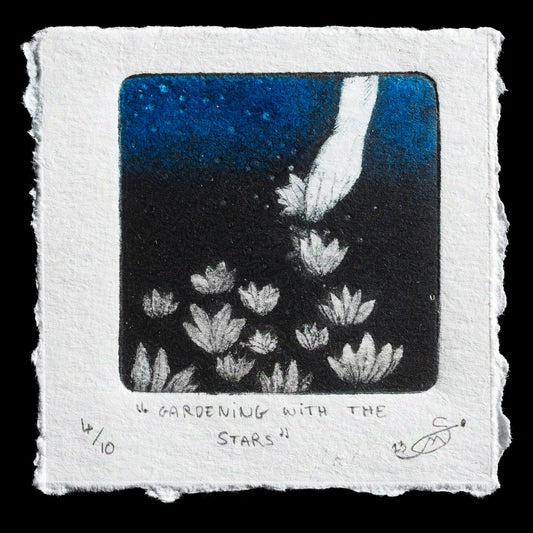 This captivating print, "Gardening With The Stars", is a remarkable piece by Manon Sauvage, showcasing her expertise in drypoint and carborundum techniques.

The artwork features a striking contrast between the deep blue night sky and the delicate white flowers sprouting upwards, creating a sense of wonder and enchantment.