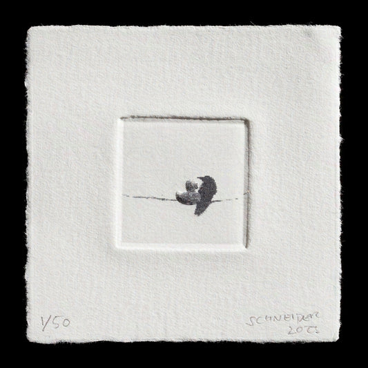 This artwork is titled "good on ya, mate" by Martin Schneider, an intaglio print created using a 3D-printed plate, showcasing a minimalist composition with a bird perched on a thin branch against a light gray background. The artist's signature in the bottom right corner reads "SCHNEIDER 2005," adding context to the piece.
