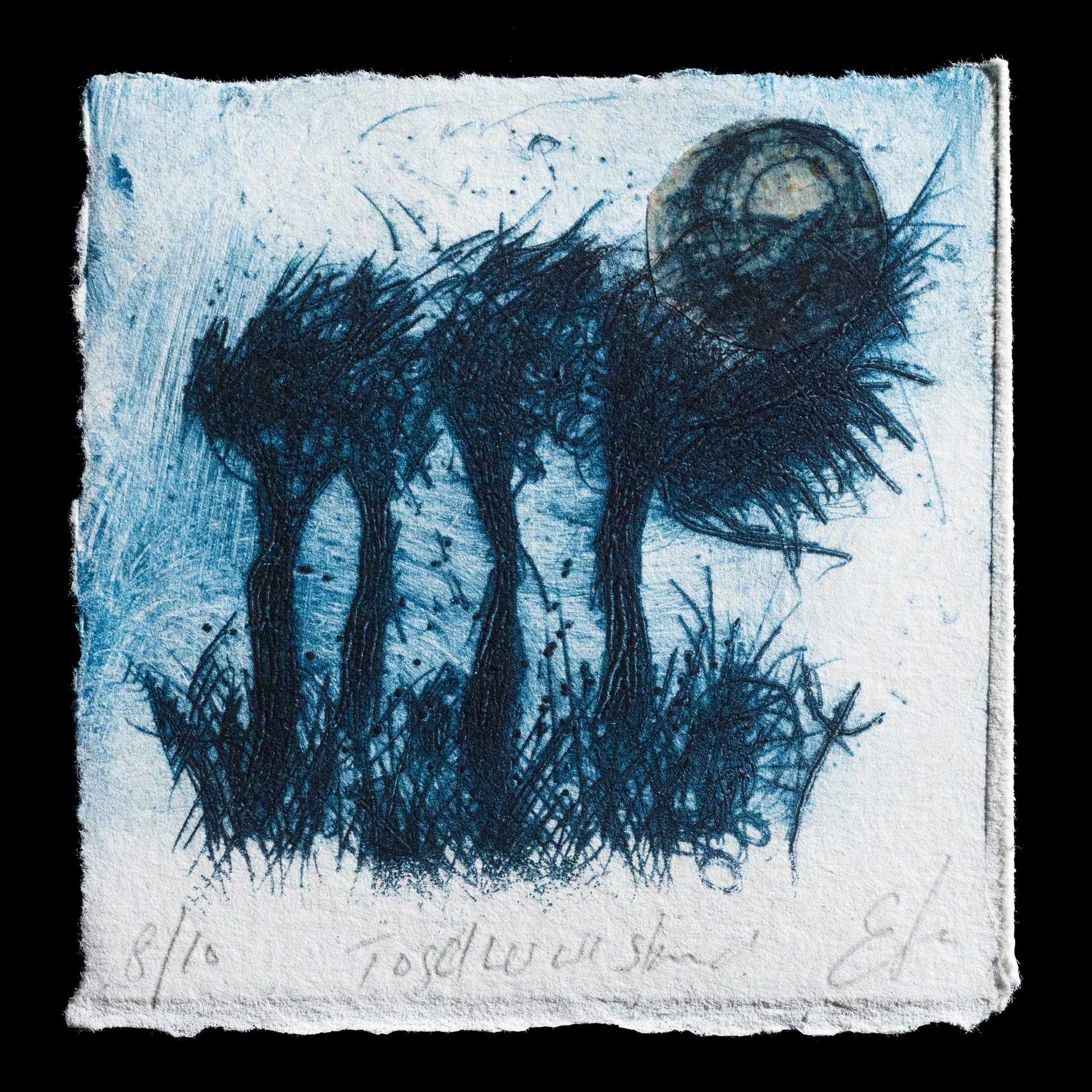 This print, titled 'Untitled', is a captivating work by Emma Jones, created using intaglio and drypoint techniques with chine-coll�. The artwork features three dark blue trees and a moon set against a light blue sky, showcasing a harmonious blend of colors that evoke a sense of serenity.