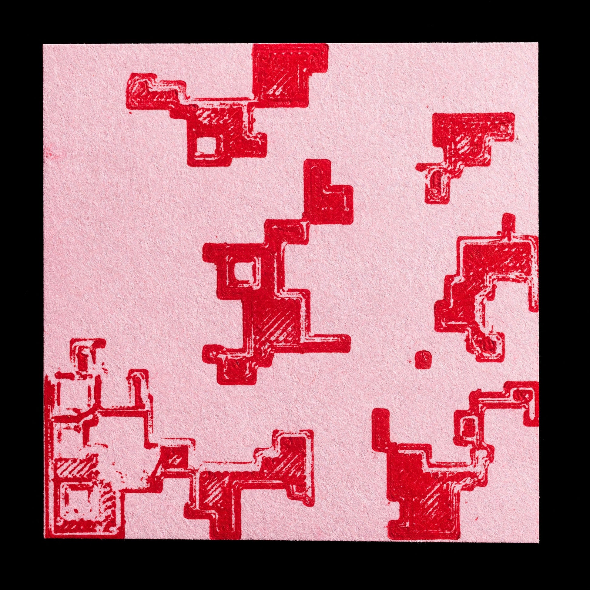 This print, titled "Heartthrob" by Jackie Rushing, is a vibrant red abstract piece created using 3D printed plates. The artwork features bold, geometric shapes with jagged edges, set against a solid pink background. The use of bright red and pink hues creates a dynamic and eye-catching visual effect.