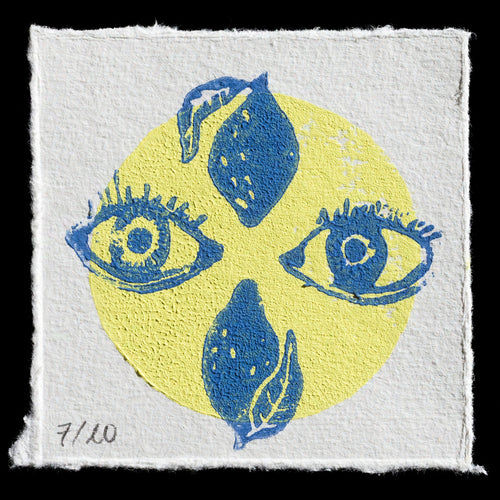 This linocut artwork, titled 'Lemon Blues', presents a striking composition featuring four stylized eyes set against a vibrant yellow lemon backdrop. The blue-toned eyes are arranged in a symmetrical pattern, with two at the top and two at the bottom, creating a sense of balance and harmony. The contrasting colors add depth to the piece, while the linocut technique imbues it with a tactile quality.