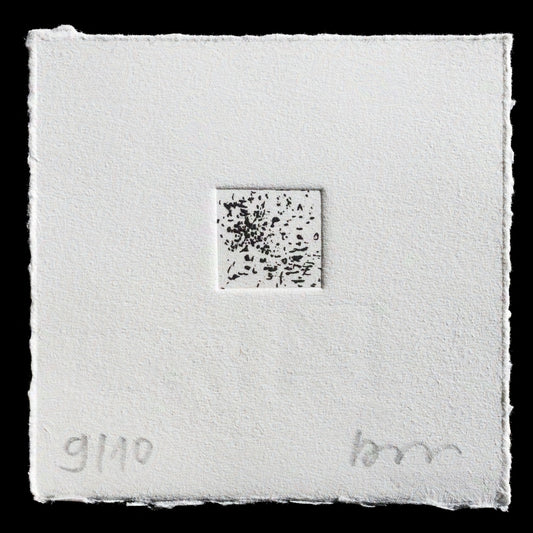 The image features an "Untitled" print by Alja Ko�ar, crafted using etching techniques. This black-and-white artwork presents a small square section with intricate details and patterns within its central area. The edges are rough and torn, characteristic of the intaglio process. The overall aesthetic is minimalist, yet evocative of complexity.