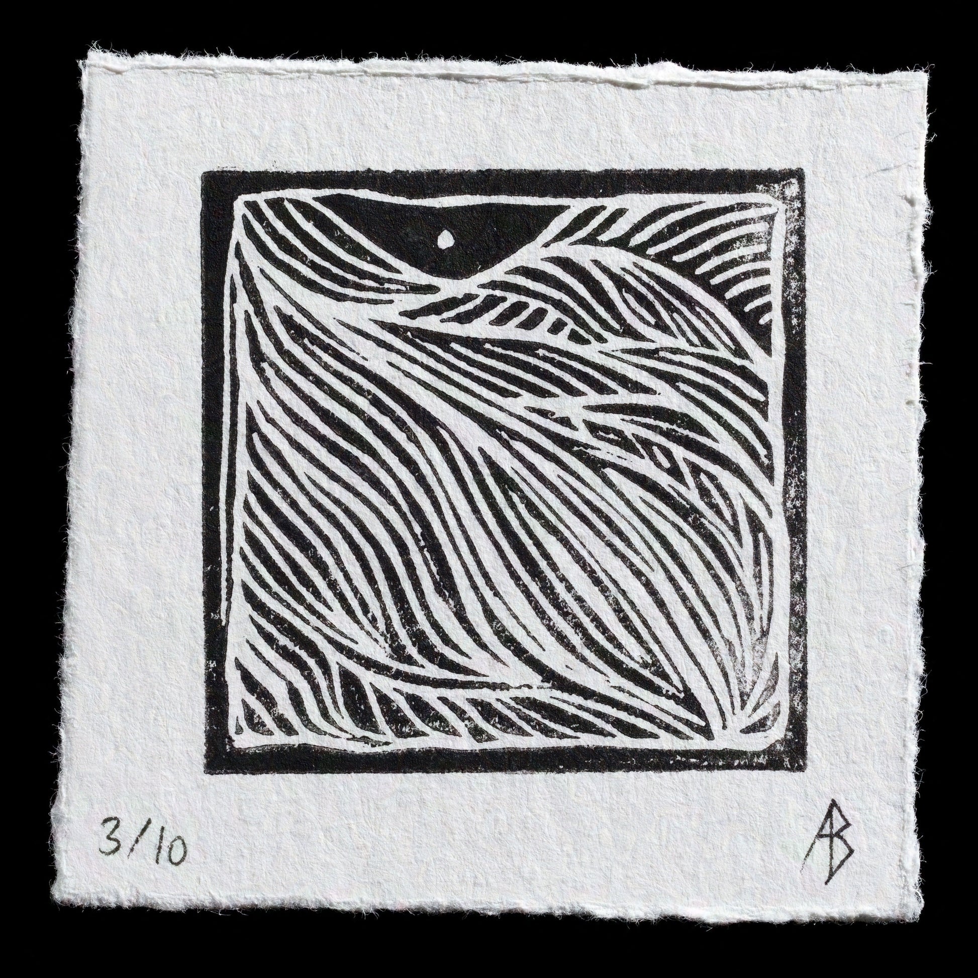 This linocut print, titled 'Folds' by Barbara Sedderz, features a serene landscape with gentle folds in the terrain. The black-and-white artwork showcases a mountainous scene with subtle shadows and highlights, created using the traditional techniques of linocutting to achieve intricate details and textures.