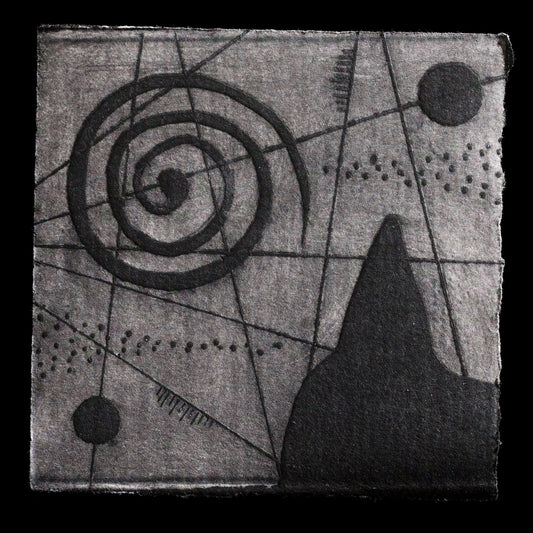 The image depicts a monochromatic artwork titled 'Dark Spiral' by Meryl Forsyth. Created using TetraPak techniques, the piece features a dark gray background with black lines forming a spiral pattern. The design also includes various geometric shapes, including circles and triangles, adding depth to the composition.